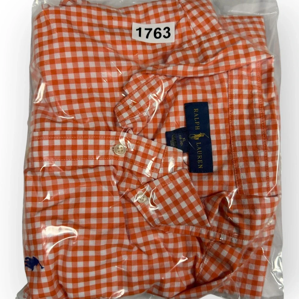 Ralph Lauren Kids XL Orange Gingham Check Cotton Button Dn‎ Shirt Blue Pony Logo